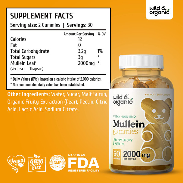 Wild & Organic Mullein Gummies - Daily Dietary Supplement for Respiratory, Digestive Support & Immune Booster - Vegan, Non-GMO Verbascum Thapsus Herbal Extract - 2000mg, 60 Chews