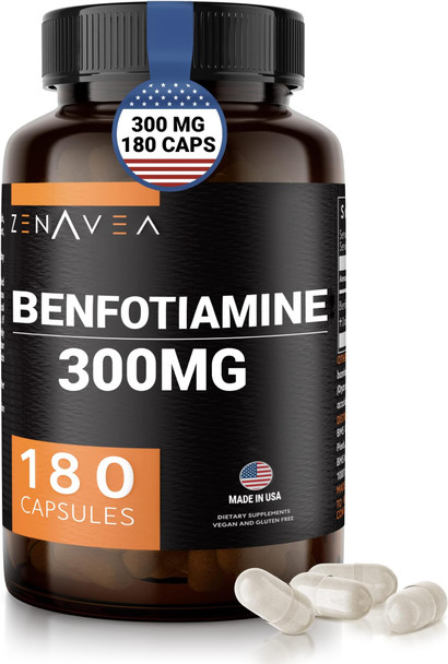 Zenavea Benfotiamine 300mg - Benfotiamine b1 - 180 Caps (3 Months Supply) - Blood Sugar Regulation Supplement - Vegan, Non-GMO, Gluten-Free
