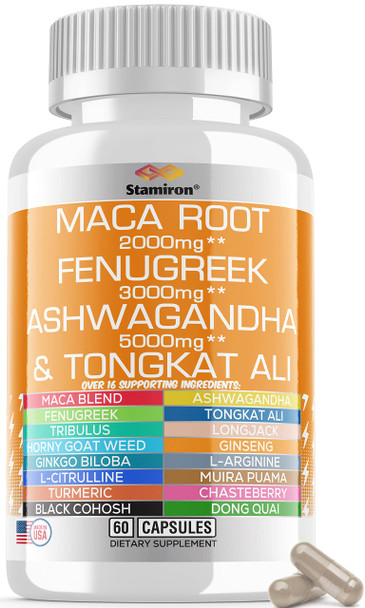 Stamiron Maca Root 2000mg Fenugreek 3000mg Ashwagandha 5000mg Supplement with Tongkat Ali, Dong Quai, Black Cohosh Root, Ginkgo Biloba, L Arginine, L-Citrulline