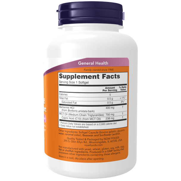 NOW Supplements, Berberine Glucose Support, Combined with MCT Oil for Optimal Berberine Absorption, 90 Softgels