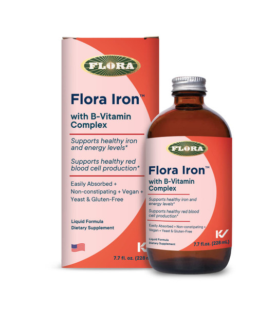 Flora - Iron with B-Vitamin Complex, Helps Maintain Healthy Iron Levels, Non-Constipating, Highly Absorbable Vitamin-B & Iron Supplement, Vegan, Yeast and Gluten Free, 7.7-oz. Glass Bottle