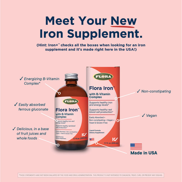 Flora - Iron with B-Vitamin Complex, Helps Maintain Healthy Iron Levels, Non-Constipating, Highly Absorbable Vitamin-B & Iron Supplement, Vegan, Yeast and Gluten Free, 7.7-oz. Glass Bottle