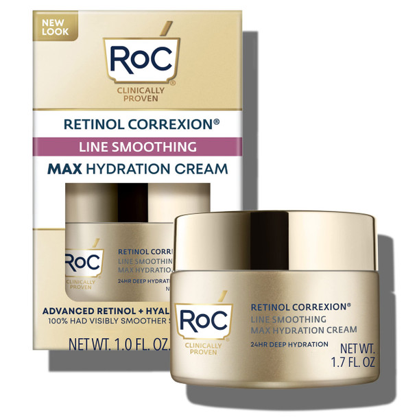 RoC Retinol Correxion Fragrance-Free Max Daily Hydration Anti-Aging Crème with Hyaluronic Acid, 1.7 Ounces Twin Pack - Pack of 2