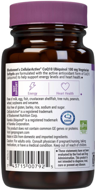 Bluebonnet Nutrition Cellular Active CoQ10 Ubiquinol 100 mg,30 Vegetable Softgels, 30 Servings