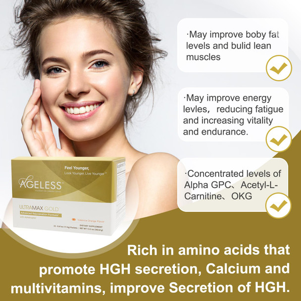 AGELESS UltraMAX Gold Effervescent Powder, HGH Anti-Aging Supplement for Women, Slows Cellular Aging Weight Management, Orange Flavor 22 Packets"