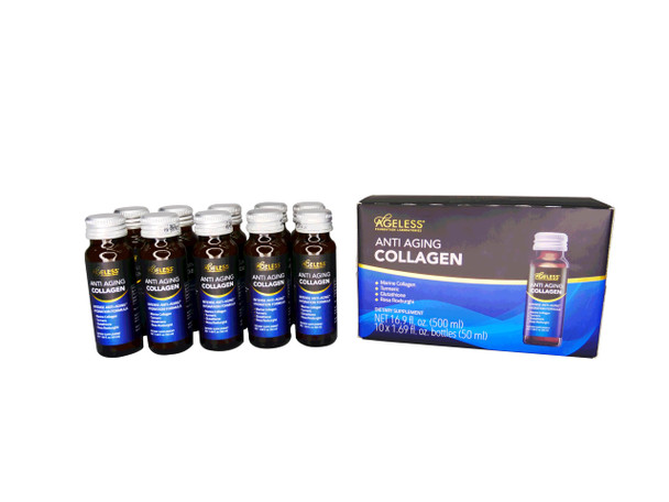 Ageless Anti Aging Liquid Collagen 10x50ml Marine Collagen, Turmeric, Glutathione, Rosa Roxburghii, Vitamins, Non-GMO Anti Aging Collagen Supplements to Renew Skin for Women and Men