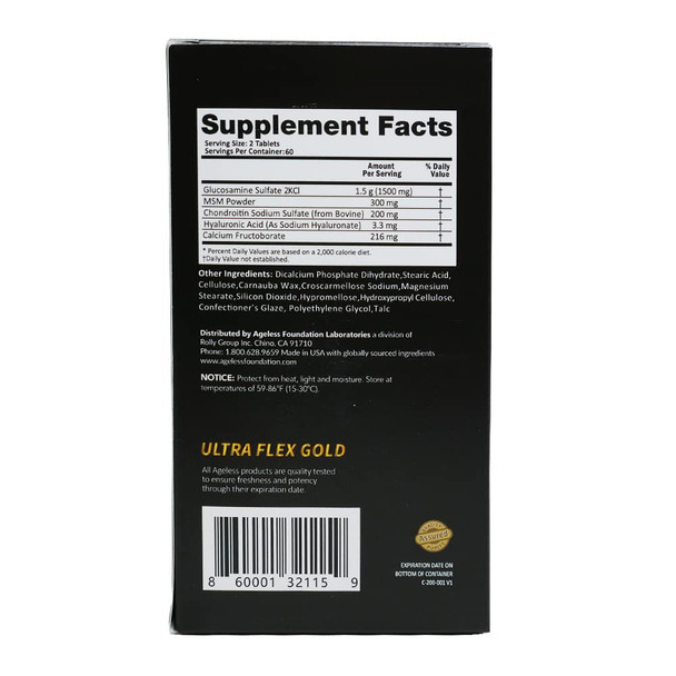 Ageless Ultra Flex Gold Joint Health Glucosamine & Chondroitin with MSM120 Table 60 Servingsts