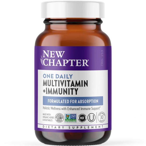 New Chapter® One Daily Multivitamin + Immunity – Enhanced Immune Support from Extra Vitamin C, D3 & Zinc + Clinical-Strength Holy Basil* 100% Vegetarian, Non-GMO, Certified Gluten Free, 30 ct