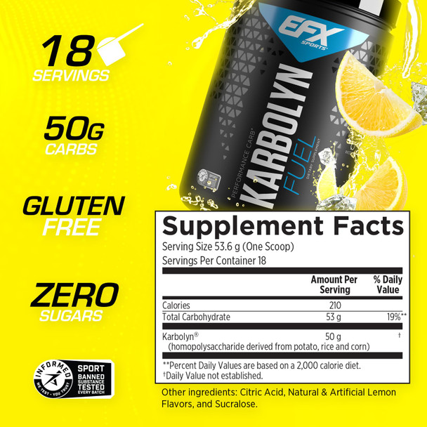 EFX Sports Karbolyn Fuel | Fast-Absorbing Carbohydrate Powder | Carb Load, Sustained Energy, Quick Recovery | Stimulant Free | 18 Servings (Lemon Ice)