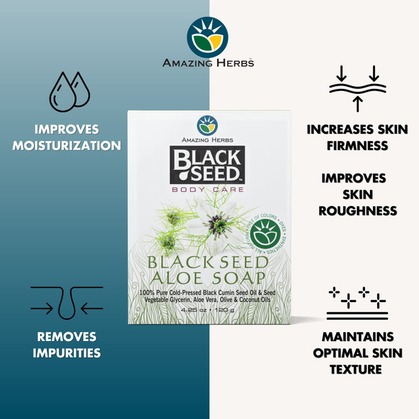 Amazing Herbs Black Seed Soap - 100% Pure Cold-Pressed Black Cumin Seed Oil, All Natural, Free Of Colors, Dyes, & Fragrances - Black Seed Aleo Vera Soap, 4.25 Oz (Pack Of 3)