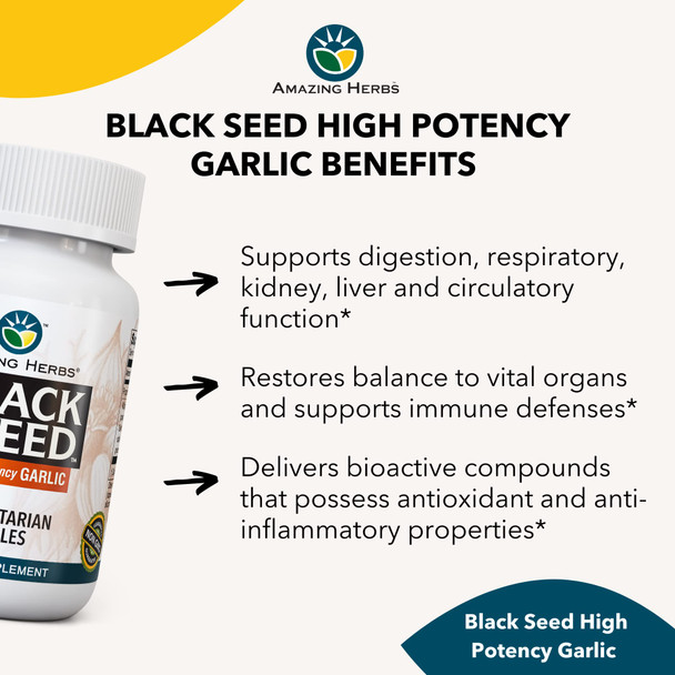 Amazing Herbs Whole Spectrum Black Seed & High Potency Garlic, Vegetarian Capsules - Gluten-Free, Non-Gmo, Vegan, Supports Immune System, Lung Function, & Cardiovascular Health - 100 Count