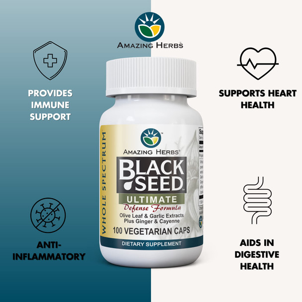 Amazing Herbs Whole Spectrum Black Seed Ultimate, Vegetarian Capsules - Olive Leaf & Garlic Extracts Plus Ginger & Cayenne, Gluten Free, Non Gmo, Vegan - 100 Count