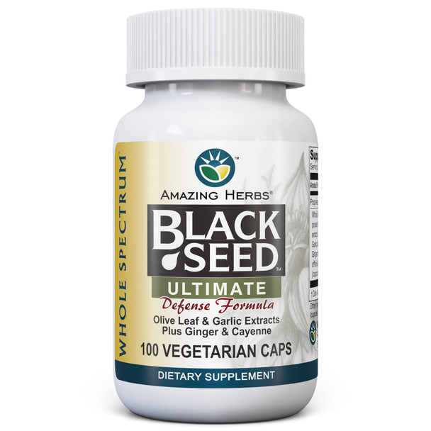 Amazing Herbs Whole Spectrum Black Seed Ultimate, Vegetarian Capsules - Olive Leaf & Garlic Extracts Plus Ginger & Cayenne, Gluten Free, Non Gmo, Vegan - 100 Count