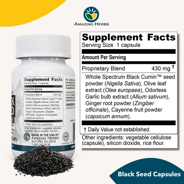 Amazing Herbs Whole Spectrum Black Seed Ultimate, Vegetarian Capsules - Olive Leaf & Garlic Extracts Plus Ginger & Cayenne, Gluten Free, Non Gmo, Vegan - 100 Count