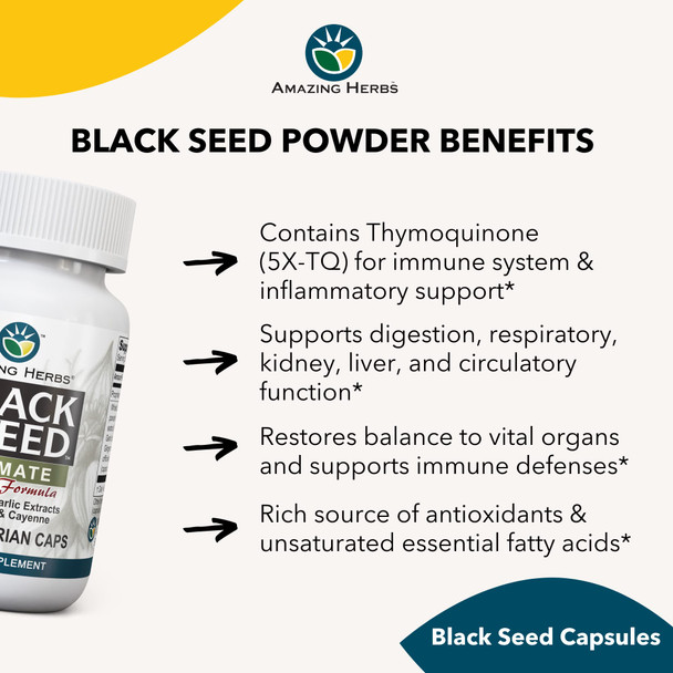 Amazing Herbs Whole Spectrum Black Seed Ultimate, Vegetarian Capsules - Olive Leaf & Garlic Extracts Plus Ginger & Cayenne, Gluten Free, Non Gmo, Vegan - 100 Count