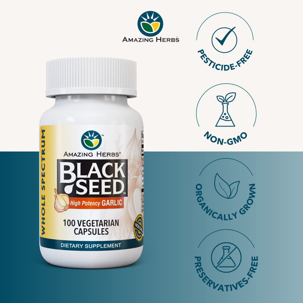 Amazing Herbs Black Seed And Garlic - Supports Heart Health And Immune System - 100 Vegetarian Capsules