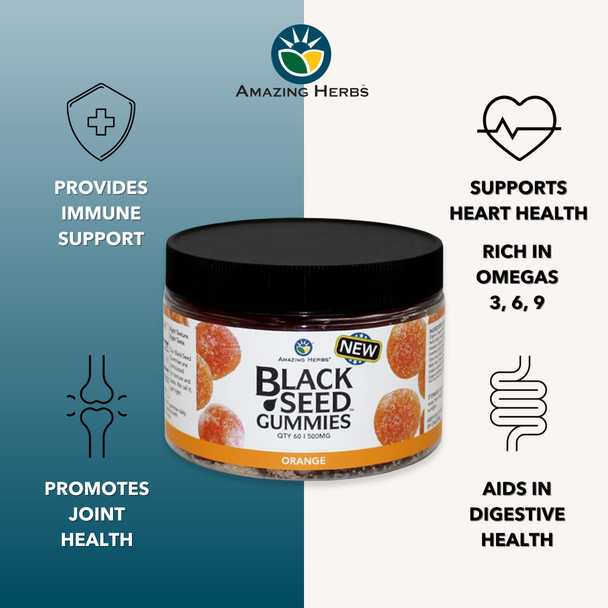 Amazing Herbs Organic Black Seed Oil Gummies - 500Mg Per Serving, Cold Pressed Black Cumin Seed, Made With Nigella Sativa, Helps Boost Immunity, Supports Healthy Digestion - Orange Flavor 60 Count