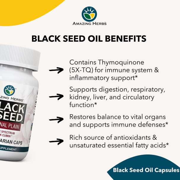 Amazing Herbs Whole Spectrum Black Seed Original Plain, Vegetarian Capsules - Gluten Free, Non Gmo, Cold Pressed Nigella Sativa Aids In Digestive Health - 100 Count, 475Mg