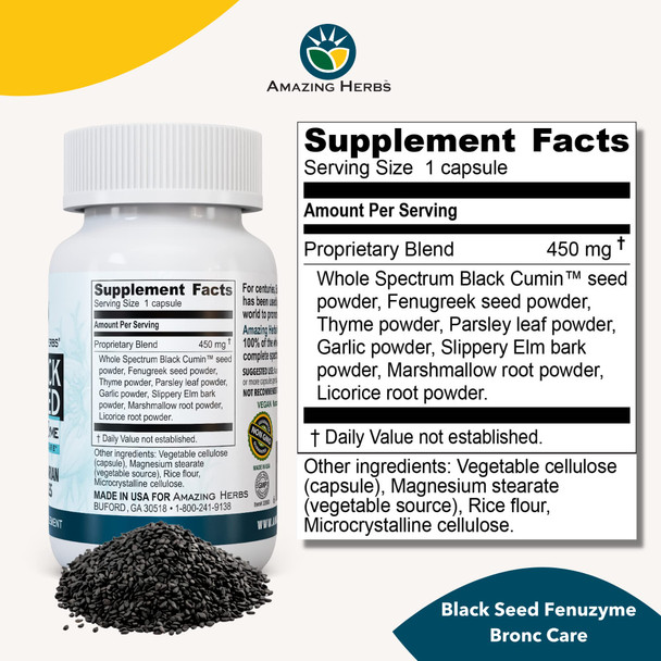 Amazing Herbs Black Seed Fenuzume Bronc-Care, Vegetarian Capsules - Gluten-Free, Non-Gmo, Vegan, Enhances Immune Response, Improves Allergic Conditions & General Well-Being - 60 Count