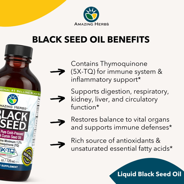 Amazing Herbs Premium Black Seed Oil - Gluten Free, Non Gmo, Cold Pressed Nigella Sativa Aids In Digestive Health, Immune Support, Brain Function - 4 Fl Oz