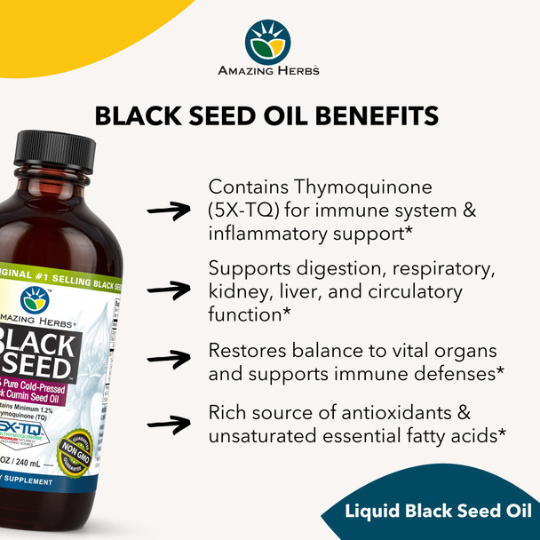 Amazing Herbs Premium Black Seed Oil - Gluten Free, Non Gmo, Cold Pressed Nigella Sativa Aids In Digestive Health, Immune Support, Brain Function - 8 Fl Oz