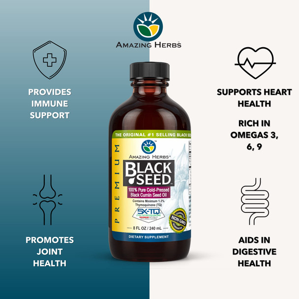 Amazing Herbs Premium Black Seed Oil - Gluten Free, Non Gmo, Cold Pressed Nigella Sativa Aids In Digestive Health, Immune Support, Brain Function - 8 Fl Oz