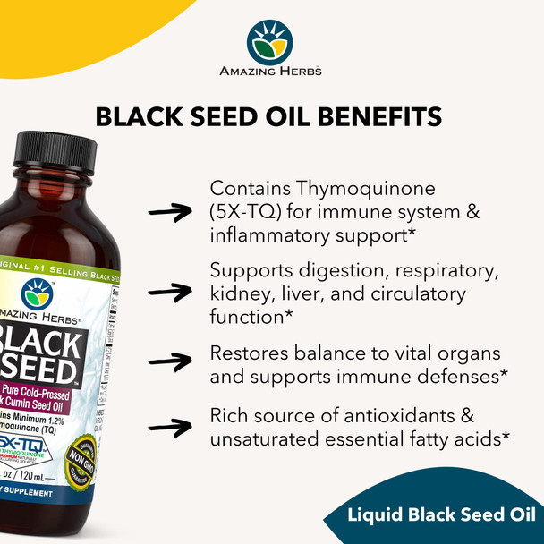 Amazing Herbs Premium Black Seed Oil - Gluten Free, Non Gmo, Cold Pressed Nigella Sativa Aids In Digestive Health, Immune Support, Brain Function, Joint Mobility - 4 Fl Oz (Pack Of 2)