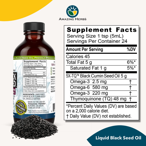 Amazing Herbs Premium Black Seed Oil - Gluten Free, Non Gmo, Cold Pressed Nigella Sativa Aids In Digestive Health, Immune Support, Brain Function, Joint Mobility - 4 Fl Oz (Pack Of 2)