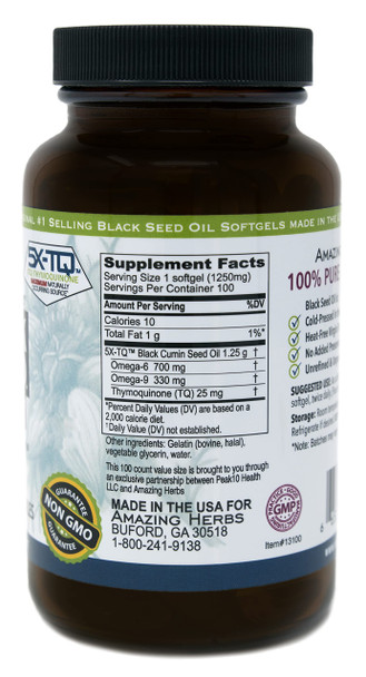 Amazing Herbs Black Seed Oil Pills 1250Mg, 100 Softgel Capsules - Cold-Pressed | Non Gmo