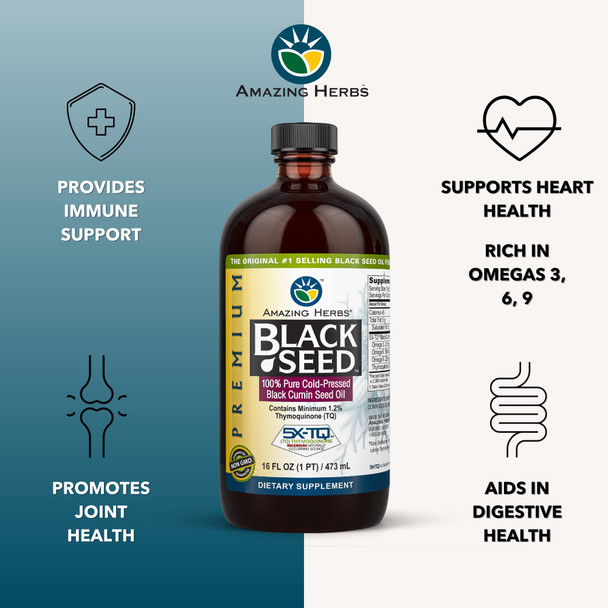 Amazing Herbs Premium Black Seed Oil - Gluten Free, Non Gmo, Cold Pressed Nigella Sativa Aids In Digestive Health, Immune Support, Brain Function, Joint Mobility - 16 Fl Oz (Pack Of 2)