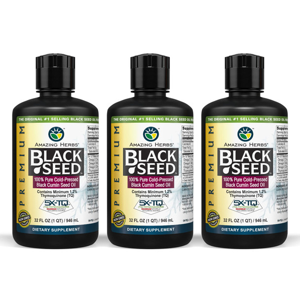 Amazing Herbs Premium Black Seed Oil - Cold Pressed Nigella Sativa Aids In Digestive Health, Immune Support, Brain Function, Joint Mobility, Gluten Free, Non Gmo - 32 Fl Oz (Pack Of 3)