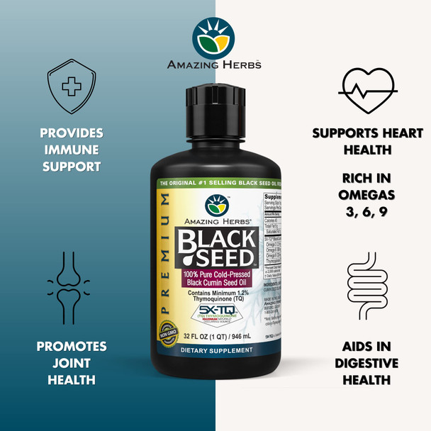 Amazing Herbs Premium Black Seed Oil - Cold Pressed Nigella Sativa Aids In Digestive Health, Immune Support, Brain Function, Joint Mobility, Gluten Free, Non Gmo - 32 Fl Oz (Pack Of 3)