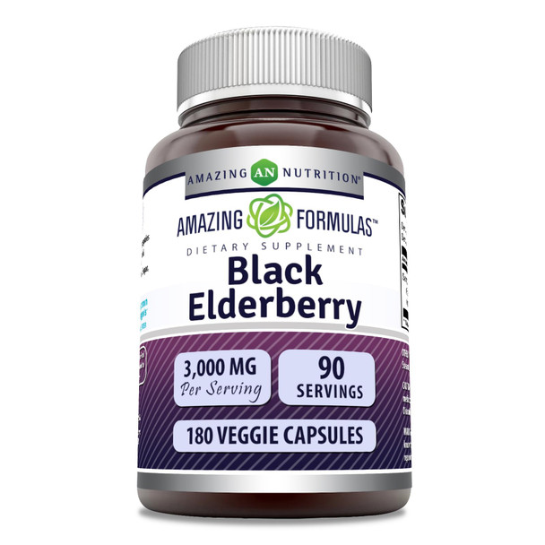 Amazing Formulas Sambucus Black Elderberry | 3000 Mg Per Serving | 180 Veggie Capsules Supplement | Non-Gmo | Gluten Free | Made In Usa