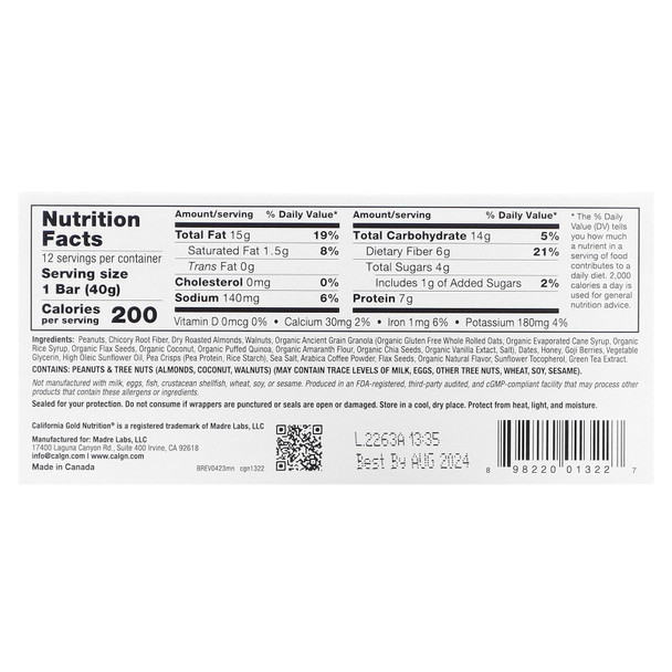California Gold Nutrition Foods - Mocha Nut Chewy Granola Bars, 12 Bars, 1.4 Oz (40 G) Each