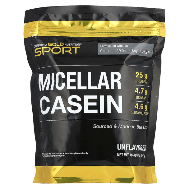 California Gold Nutrition Sport - Micellar Casein, Unflavored, Slow Absorption, 16 Oz (454 G)