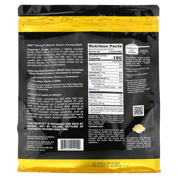 California Gold Nutrition Sport - Dark Chocolate Whey Protein Isolate, 2 Lbs (907 G)