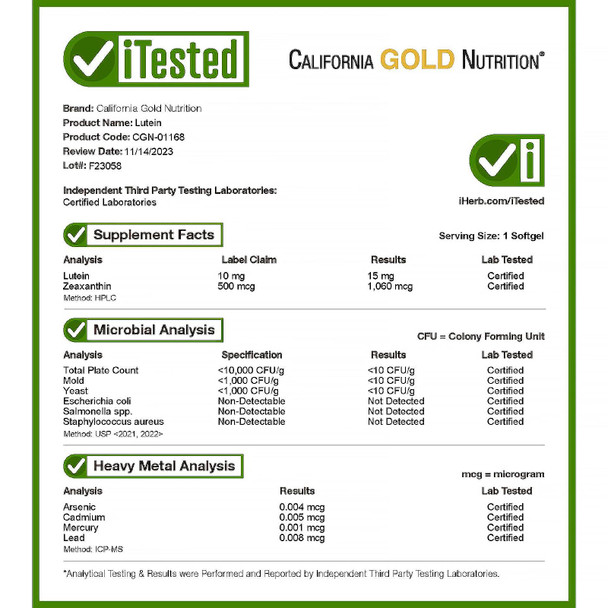 California Gold Nutrition Lutein With Zeaxanthin, 10 Mg, 120 Veggie Softgels