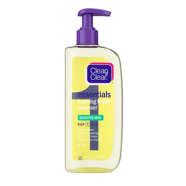 Clean & Clear Essentials Foaming Facial Cleanser for Sensitive Skin, Oil- Daily Face Wash to Remove Dirt, Oil & Makeup, 8 fl. oz