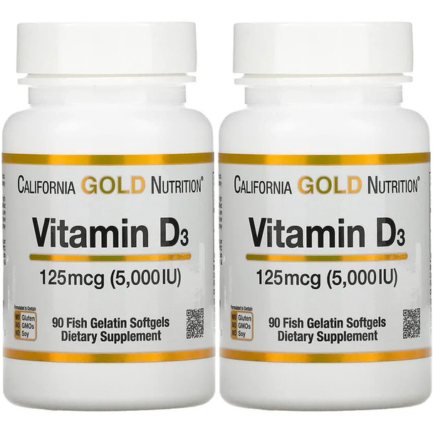 Vitamin D3 Supplement By California Gold Nutrition - Support For Healthy Bones & Teeth - Immune System Support - Gluten Free, Non-Gmo - 125 Mcg (5,000 Iu) - 2 Pack Of 90 Fish Gelatin Softgels Each