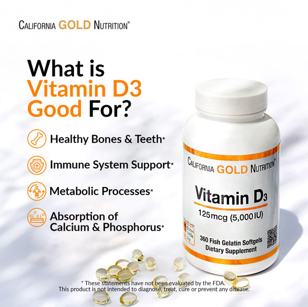 Vitamin D3 Supplement By California Gold Nutrition - Support For Healthy Bones & Teeth - Immune System Support - Gluten Free, Non-Gmo - 125 Mcg (5,000 Iu) - 2 Pack Of 90 Fish Gelatin Softgels Each