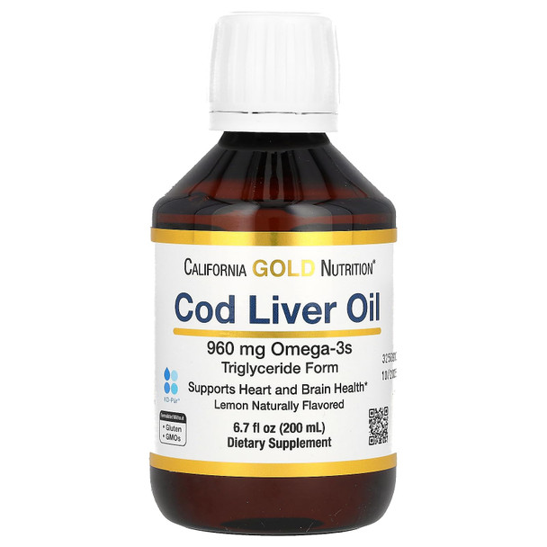 California Gold Nutrition Norwegian Cod Liver Oil Liquid, Natural Lemon Flavor, 6.7 Fl Oz (200 Ml)