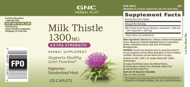 Gnc Herbal Plus Milk Thistle 1300Mg | Standardized Herb, Supports Healthy Liver Function, Vegetarian | 120 Caplets