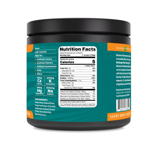 Amazing Nutrition Advanced Hydration, Electrolyte Powder 30 Servings | Packed With Essential Minerals | Sugar-Free | Keto Friendly | Non-Gmo | Gluten-Free (Natural Orange)