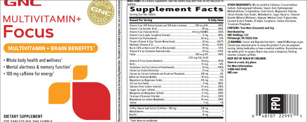 Gnc Multivitamin+ Focus + Brain Benefits* - 120 Tablets (60 Servings)