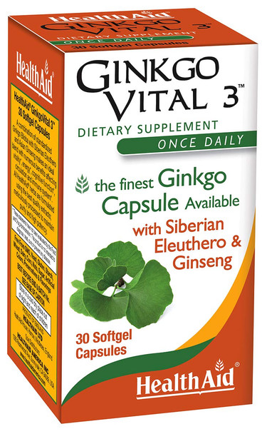 Ginkgo Vital 3 With Siberian Eleuthero And Ginseng, Once Daily, 30 Softgel Capsules, Helps Increase Blood Circulation And Promote Mental Clarity, Alertness, And Focus