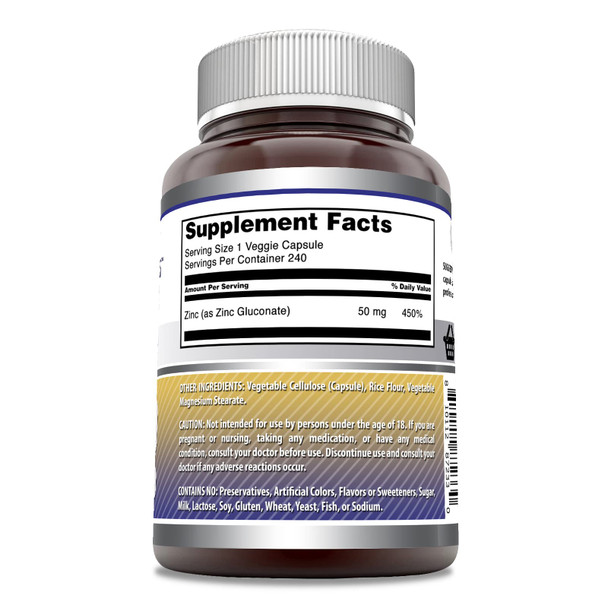 Amazing Formulas Zinc Gluconate Supplement | 50 Mg Per Serving | 240 Veggie Capsules | Non-Gmo | Gluten Free | Made In Usa
