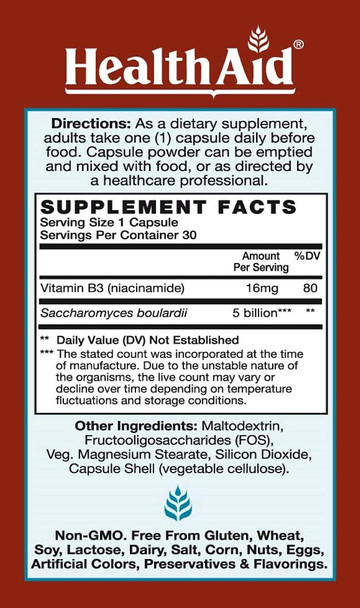 Sacardi, 5 Billion With Vitamin B3, Once Daily, 30Ct, Saccharomyces Boulardii, 5 Billion With Fos & Vitamin B3, Dairy Free, Acid & Bile Resistant Strains, Vegan