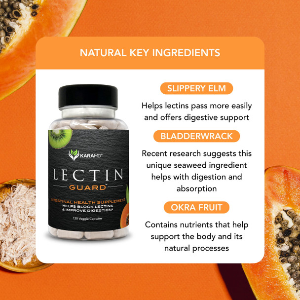 Karamd Lectin Guard | Lectin Blocker Gut & Colon Health Supplement | Slippery Elm, Bladderwrack, Sodium Alginate, Okra, Kiwi & Papaya | Natural Vegan Friendly, Non-Gmo & Gluten Free (30 Servings)