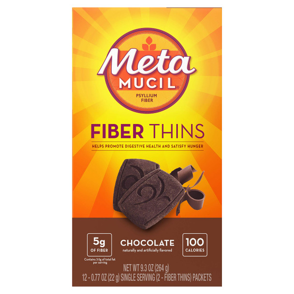 Metamucil Fiber Thins, Psyllium Husk Fiber Supplement, Digestive Health Support And Satisfy Hunger, Chocolate Flavored, 12 Servings