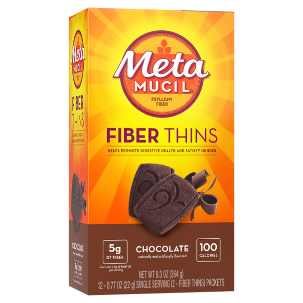 Metamucil Fiber Thins, Psyllium Husk Fiber Supplement, Digestive Health Support And Satisfy Hunger, Chocolate Flavored, 12 Servings